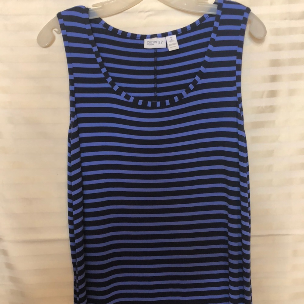 Zenergy by Chico’s Sz 2 (12-14) Blue & Black Striped Sleeveless Maxi Dress EUC